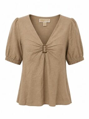 MICHAEL Michael Kors Khaki V-Neck Puff Sleeve Top with Center Buckle